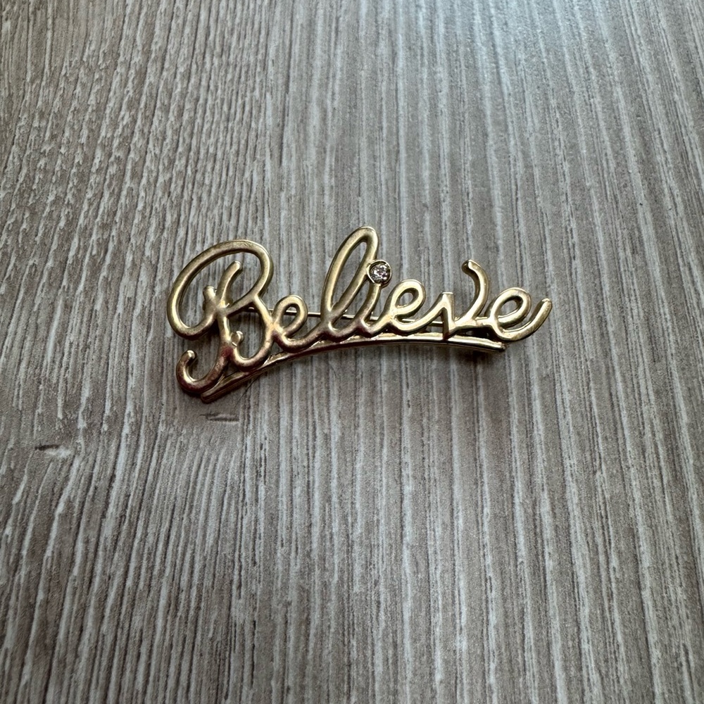 Vintage Gold “Believe” Brooch Antique Dainty Religious Christmas Pin